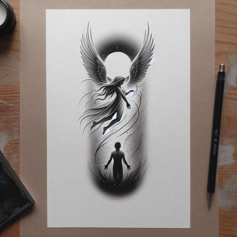 angelic-light – tattoo design ideas free ai generated – neotraditional-intricate-shading – for-shoulder – Gallery: angel-inkby-ai