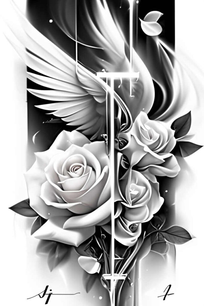 angelic-light – tattoo design ideas free ai generated – neotraditional-textured-shading – for-upper-back – Gallery: angel-inkby-ai