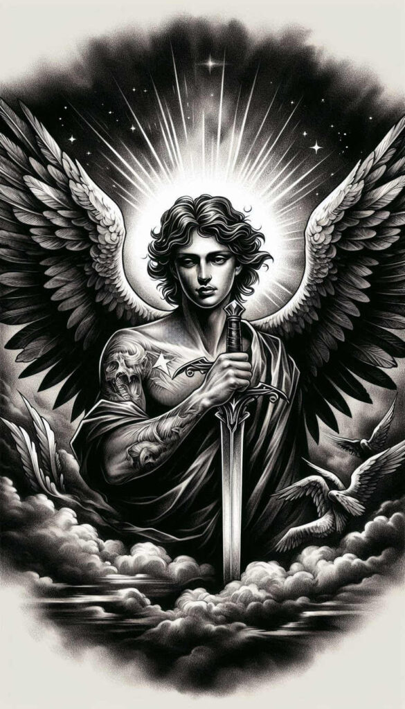 angelic-power – tattoo design ideas free ai generated – neotraditional-clean-fill – for-hand – Gallery: angel-inkby-ai