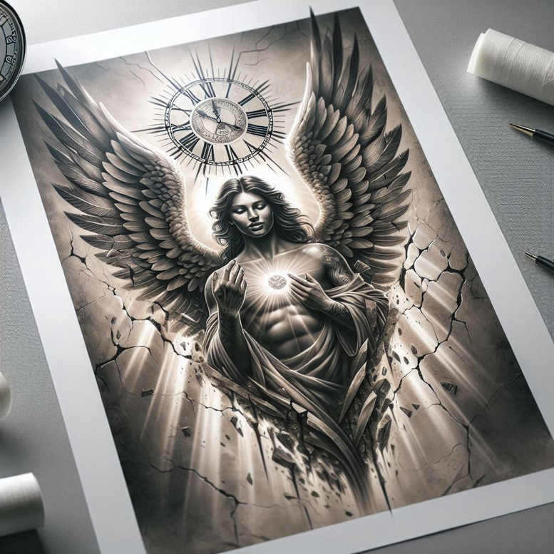 angelic-protector – tattoo design ideas free ai generated – neotraditional-accent-shading – for-side-torso – Gallery: angel-inkby-ai