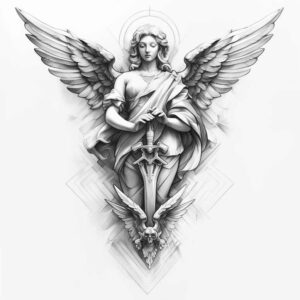 angelic-protector – tattoo design ideas free ai generated – neotraditional-vivid-detail – for-sternum – Gallery: angel-inkby-ai
