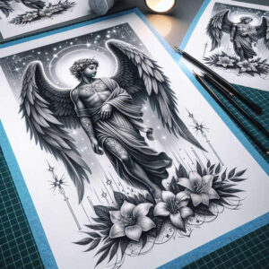 angelic-protector – tattoo design ideas free ai generated – realism-deep-shadows – for-side – Gallery: angel-inkby-ai