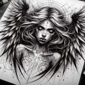 angelic-protector – tattoo design ideas free ai generated – realism-fine-lines – for-back-of-neck – Gallery: angel-inkby-ai