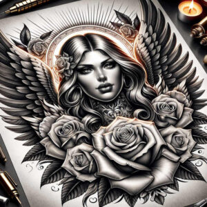 angelic-soul – tattoo design ideas free ai generated – realism-deep-shadows – for-shin – Gallery: angel-inkby-ai