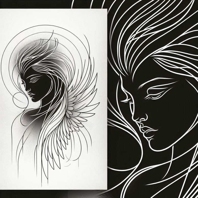 angelic-warrior – tattoo design ideas free ai generated – realism-highlight-detail – for-lower-thigh – Gallery: angel-inkby-ai