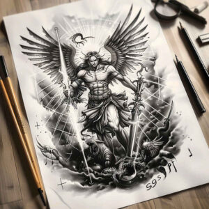 angelic-woman – tattoo design ideas free ai generated – neotraditional-accent-shading – for-lower-chest – Gallery: angel-inkby-ai