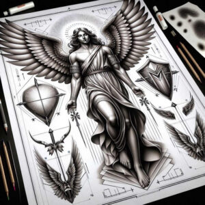angelic-woman – tattoo design ideas free ai generated – neotraditional-rich-shading – for-knee – Gallery: angel-inkby-ai