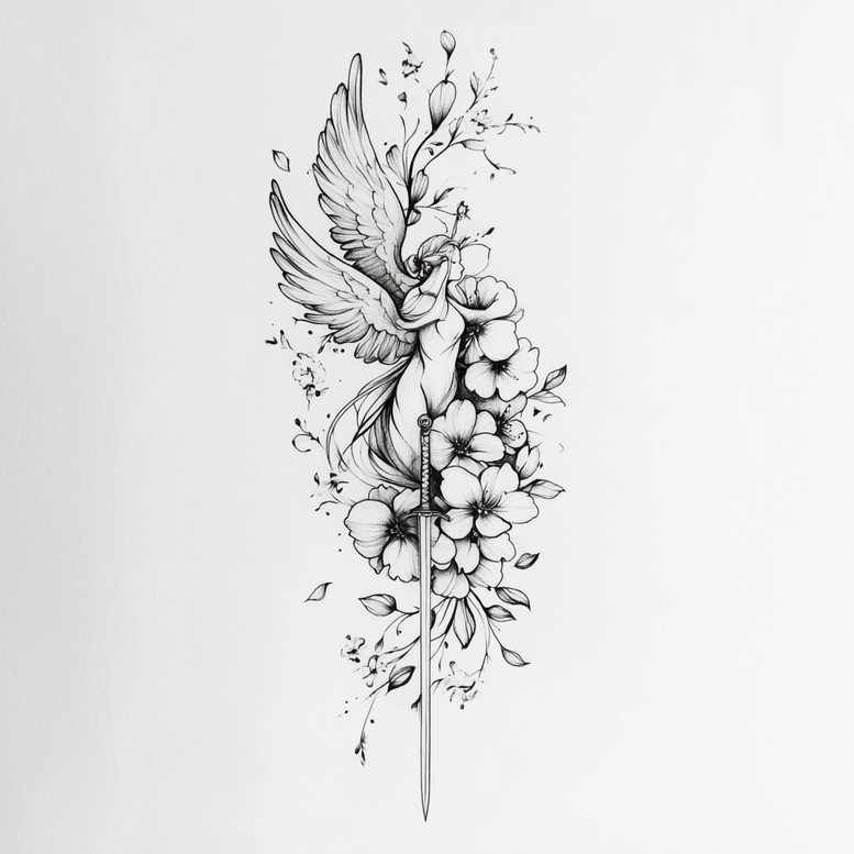 angelic-woman – tattoo design ideas free ai generated – neotraditional-textured-fills – for-lower-leg – Gallery: angel-inkby-ai