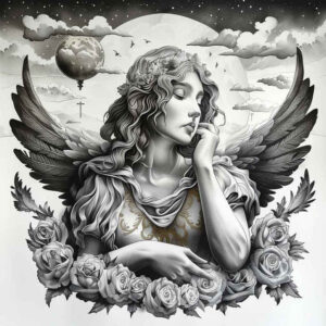 angelic-woman – tattoo design ideas free ai generated – realism-fine-lines – for-lower-thigh – Gallery: angel-inkby-ai