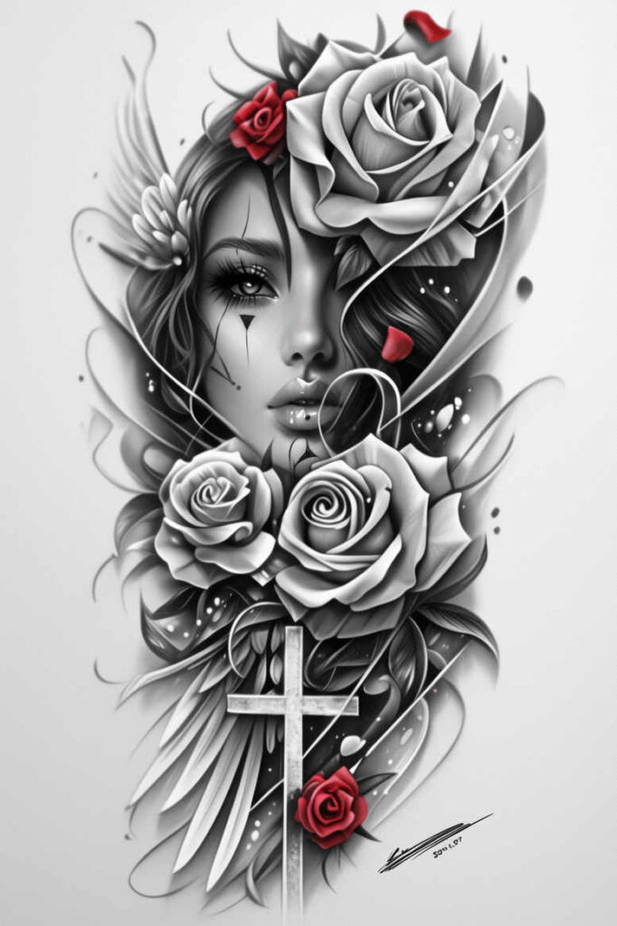 angelic-woman – tattoo design ideas free ai generated – realism-shadow-realism – for-inner-arm – Gallery: angel-inkby-ai