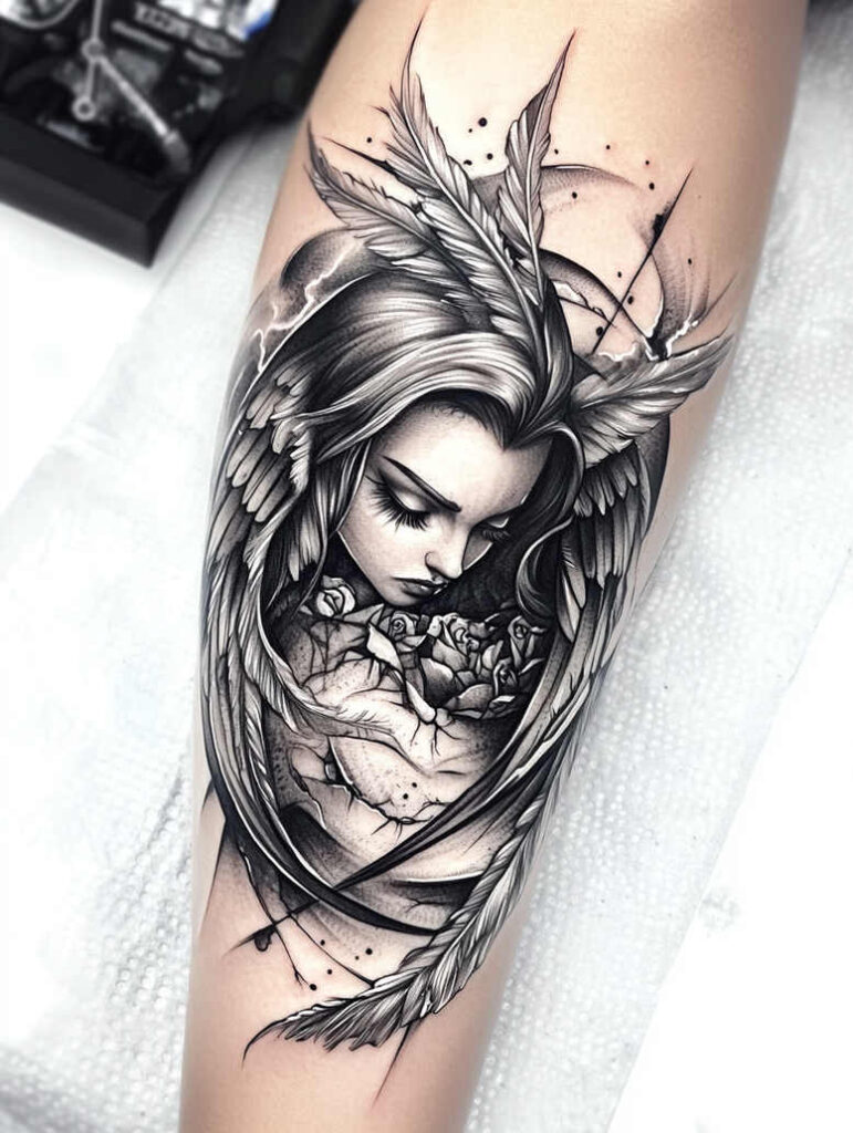angels – tattoo design ideas free ai generated – realism-portrait-realism – for-shoulder-blade – Gallery: angel-inkby-ai