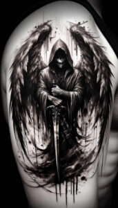 archangel – tattoo design ideas free ai generated – neotraditional-contoured-forms – for-upper-chest – Gallery: angel-inkby-ai