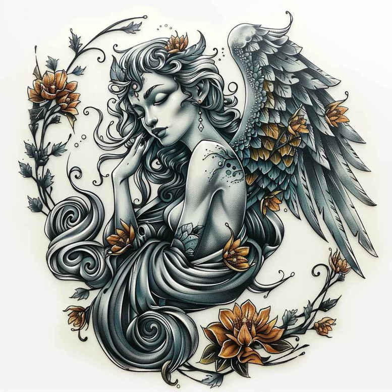 archangels – tattoo design ideas free ai generated – neotraditional-fine-detail – for-calf – Gallery: angel-inkby-ai
