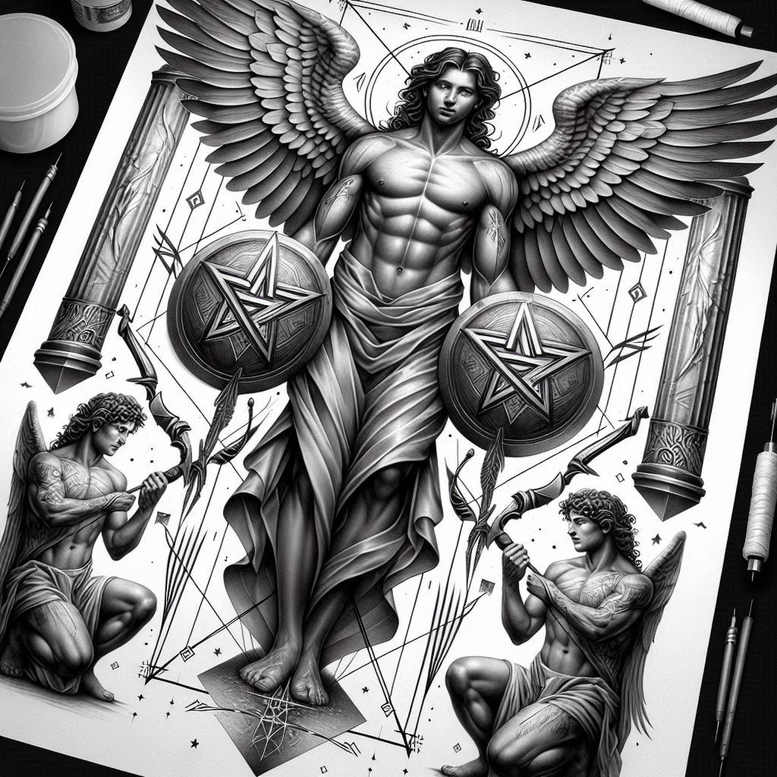 archangels – tattoo design ideas free ai generated – surrealism-symbolism – for-abdomen – Gallery: angel-inkby-ai