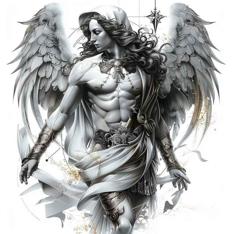 celestial-angel – tattoo design ideas free ai generated – neotraditional-soft-blending – for-calf – Gallery: angel-inkby-ai