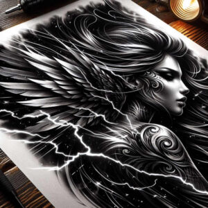 celestial-angel – tattoo design ideas free ai generated – neotraditional-subtle-tone – for-side – Gallery: angel-inkby-ai
