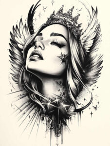 celestial-angel – tattoo design ideas free ai generated – realism-tonal-depth – for-upper-chest – Gallery: angel-inkby-ai