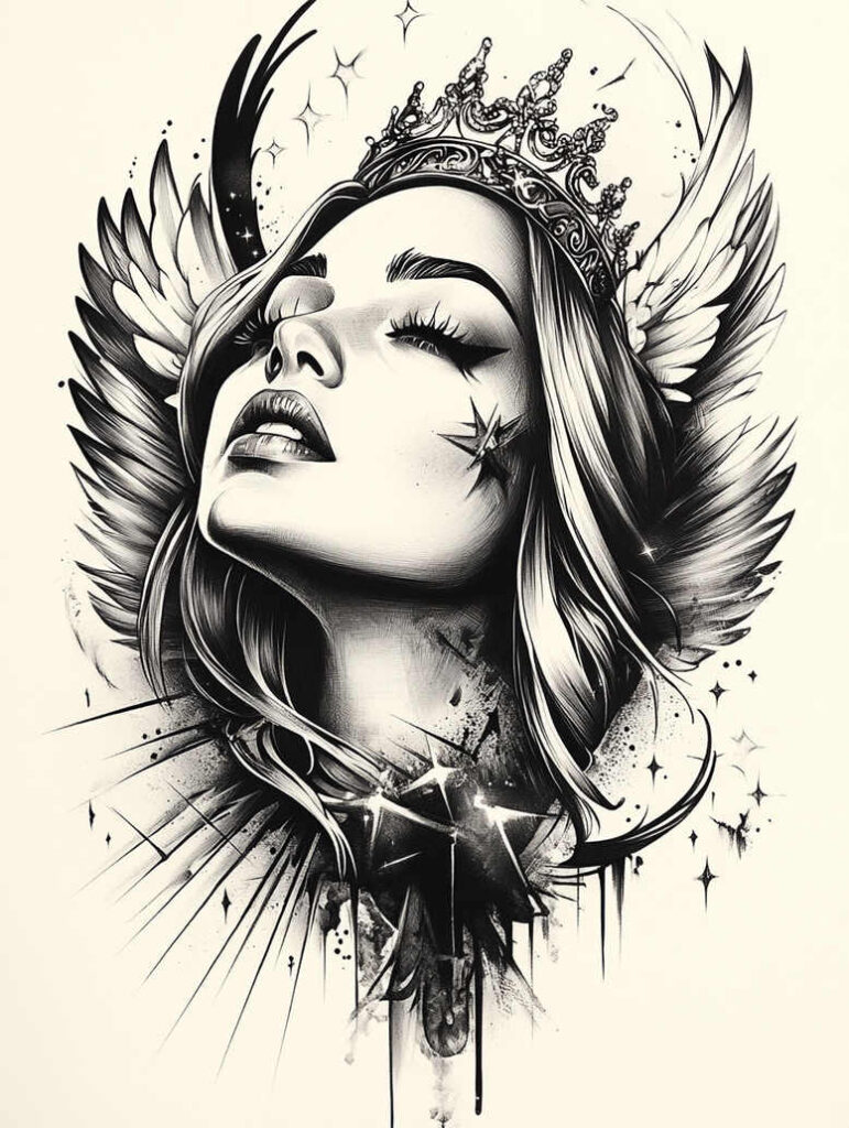celestial-angel – tattoo design ideas free ai generated – realism-tonal-depth – for-upper-chest – Gallery: angel-inkby-ai