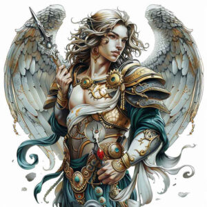 celestial-angel – tattoo design ideas free ai generated – surrealism-melted-shapes – for-upper-thigh – Gallery: angel-inkby-ai