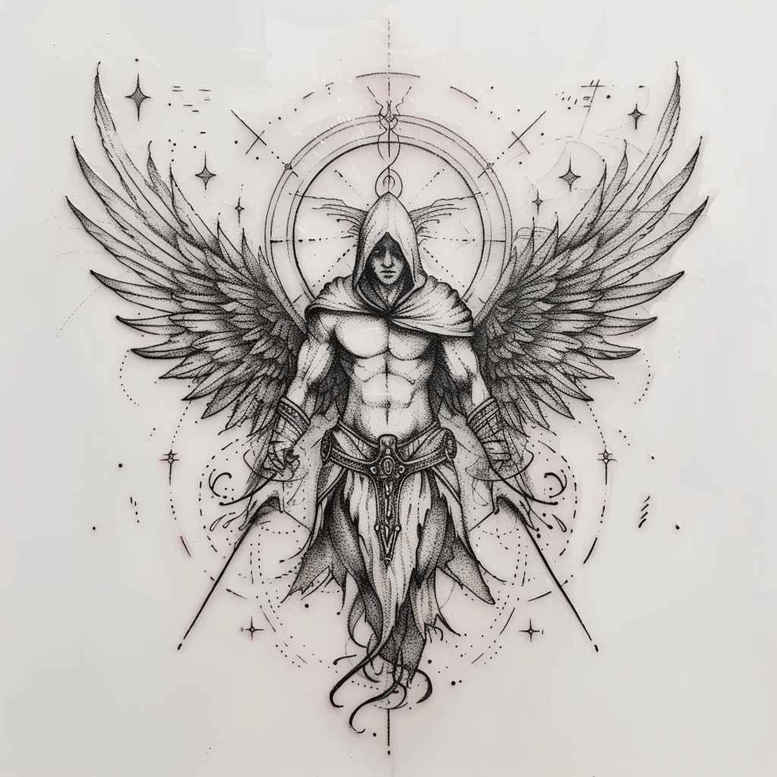 divine-angel – tattoo design ideas free ai generated – neotraditional-clear-lines – for-upper-arm – Gallery: angel-inkby-ai
