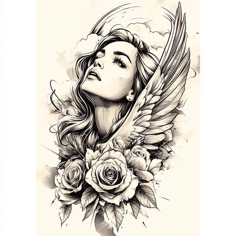 divine-angel – tattoo design ideas free ai generated – realism-real-ink-flow – for-heel – Gallery: angel-inkby-ai