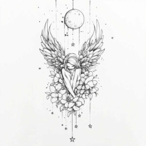 divine-angel – tattoo design ideas free ai generated – realism-realistic-contrast – for-temple – Gallery: angel-inkby-ai