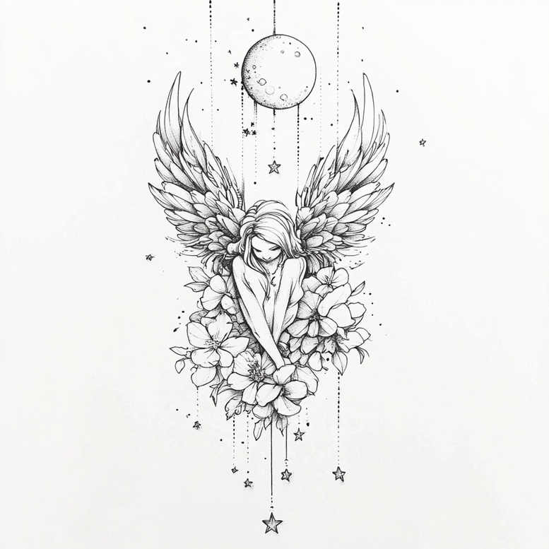 divine-angel – tattoo design ideas free ai generated – realism-realistic-contrast – for-temple – Gallery: angel-inkby-ai