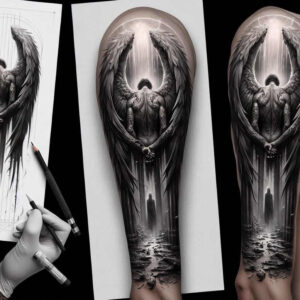 divine-angel – tattoo design ideas free ai generated – realism-skin-illusion – for-upper-shoulder – Gallery: angel-inkby-ai