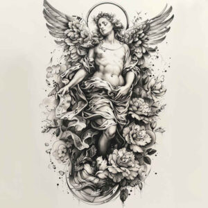 fallen-angel – tattoo design ideas free ai generated – neotraditional-decorative-flourishes – for-calf – Gallery: angel-inkby-ai