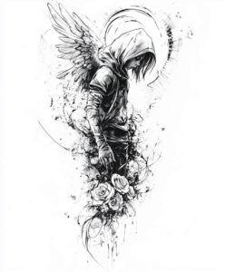 fallen-angel – tattoo design ideas free ai generated – realism-gradient-tones – for-calf – Gallery: angel-inkby-ai