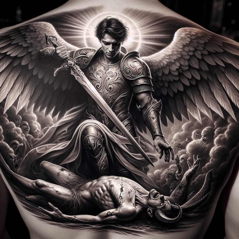 guardian-angel – tattoo design ideas free ai generated – realism-precise-gradient – for-outer-arm – Gallery: angel-inkby-ai