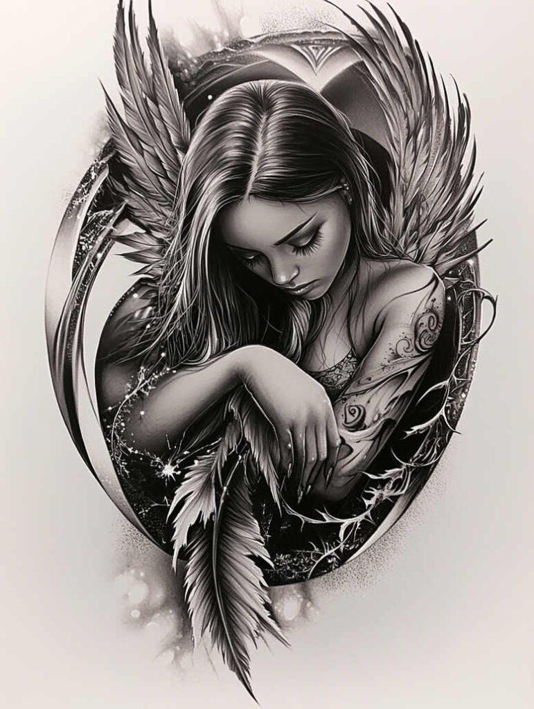 heavenly-angel – tattoo design ideas free ai generated – surrealism-enigmatic – for-scapula – Gallery: angel-inkby-ai
