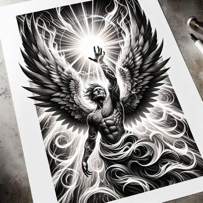 light-angel – tattoo design ideas free ai generated – realism-illusion-of-depth – for-lower-thigh – Gallery: angel-inkby-ai