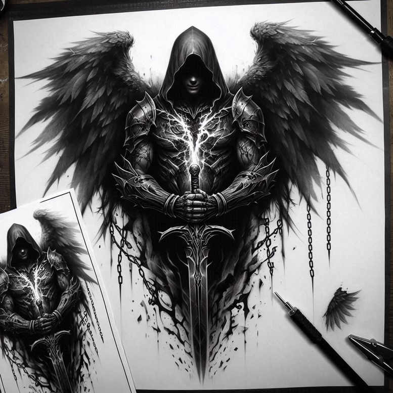 protective-guardian-angel – tattoo design ideas free ai generated – realism-volume-effect – for-arm – Gallery: angel-inkby-ai