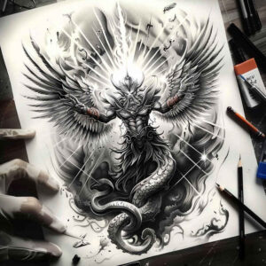 spiritual-angel – tattoo design ideas free ai generated – neotraditional-layered-fill – for-elbow – Gallery: angel-inkby-ai