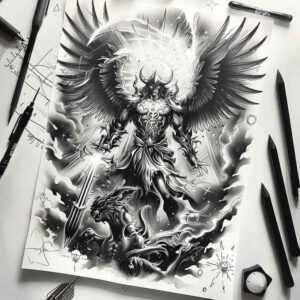 spiritual-angel – tattoo design ideas free ai generated – realism-ink-layering – for-thigh – Gallery: angel-inkby-ai