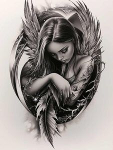 angel tattoo design ideas Realism subtle gradients angelic blessing for calf