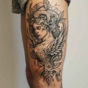 angel tattoo design ideas Surrealism blurred edges angelic for lower leg