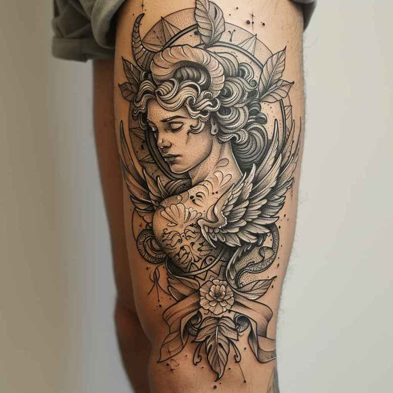 angel tattoo design ideas Surrealism blurred edges angelic for lower leg