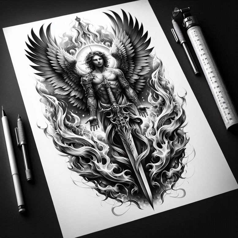 angel tattoo design ideas Surrealism chromatic aberration angelic presence for back