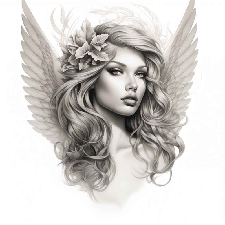 Angel portrait with flowing hair, flower in hair, and wings in grayscale; a tattoo design concept.