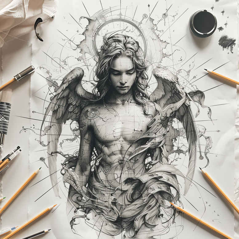 Angel-winged woman in black and grey ink with lotus flowers; tattoo design idea, project for cover-up.