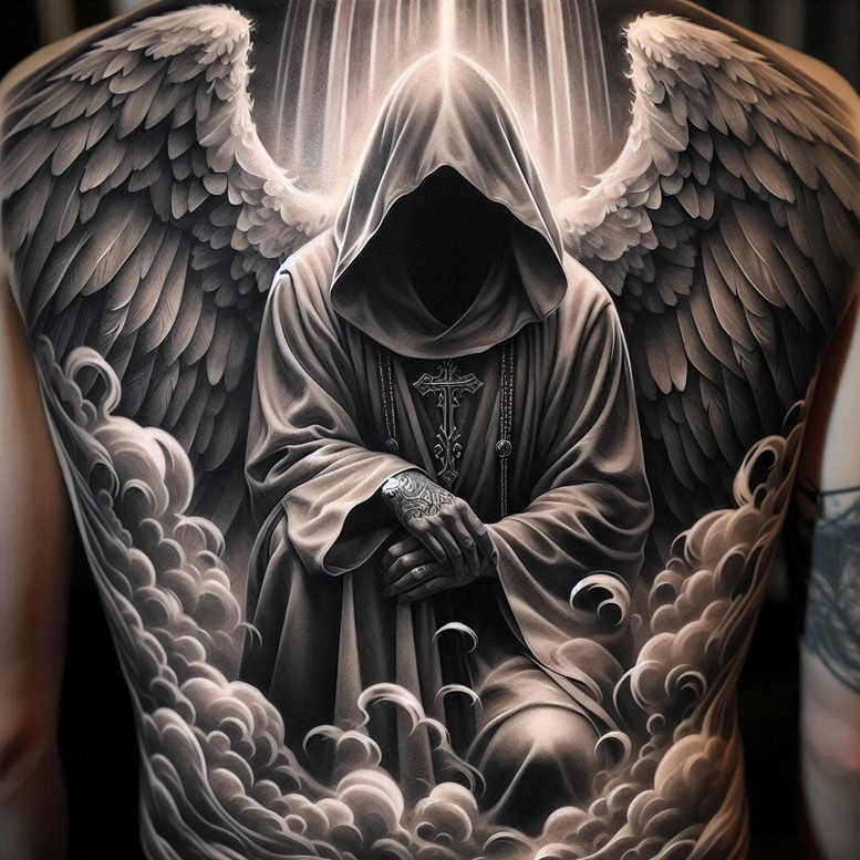 angel tattoo design ideas Realism deep shadows archangelic for knee