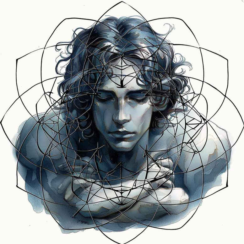 Portrait of a man with curly hair and hands, black and blue monochrome geometry circles and lines; AI-generated tattoo project; pattern.