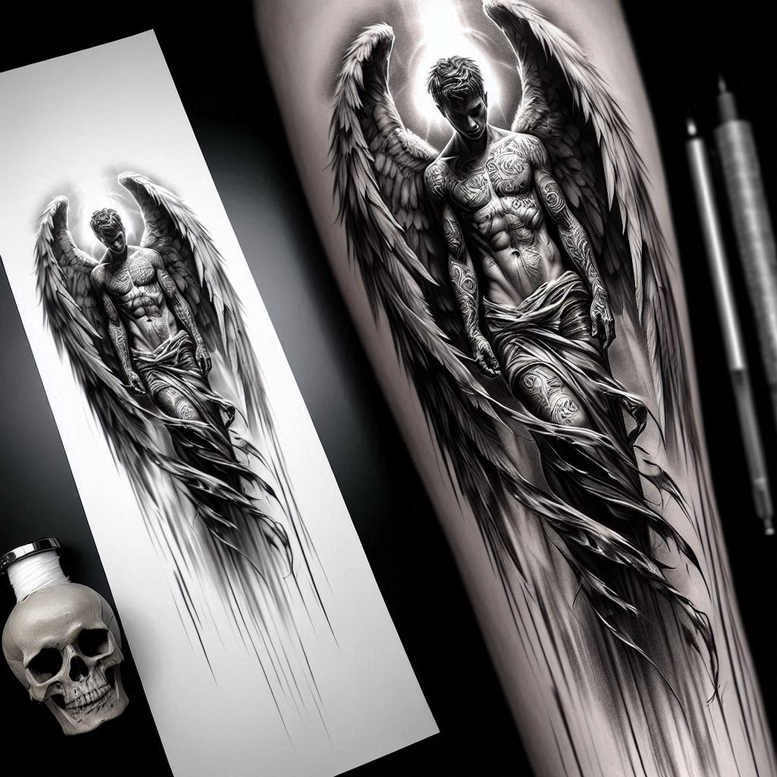 angel tattoo design ideas Realism realistic perspective celestial guardian for calf