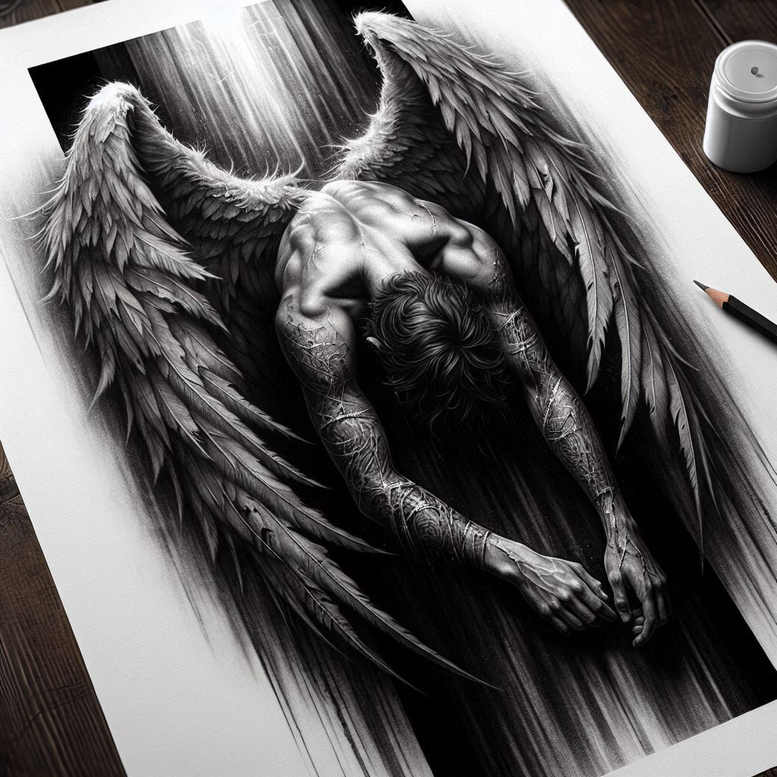 angel tattoo design ideas Realism dynamic shadows celestial light for neck