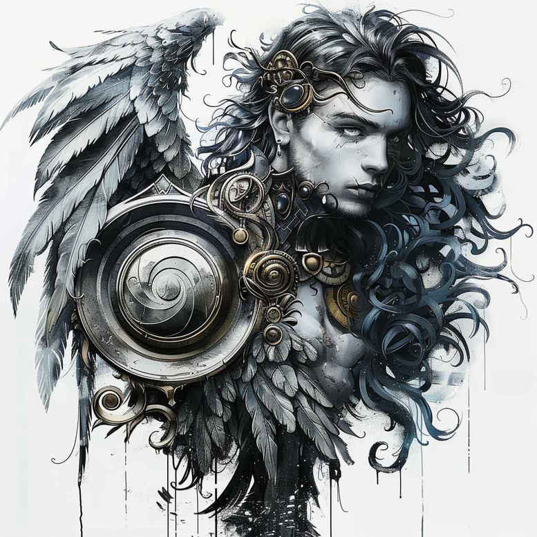 Black and grey tattoo design featuring an angel, shield, armor, and flowing feathers; a project idea, suitable for a cover-up.