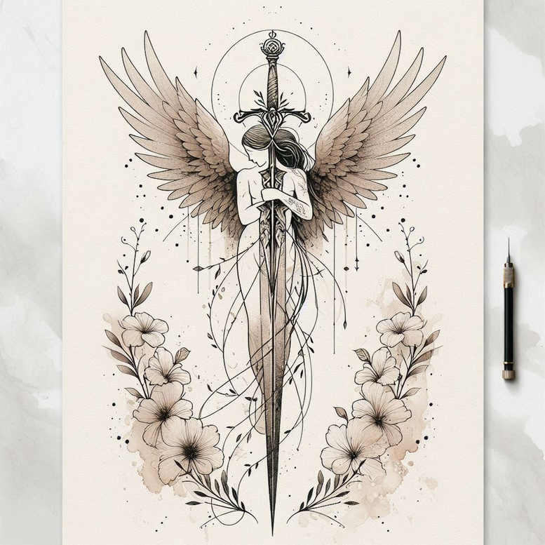 angel tattoo design ideas dynamic composition celestial messenger for lower thigh