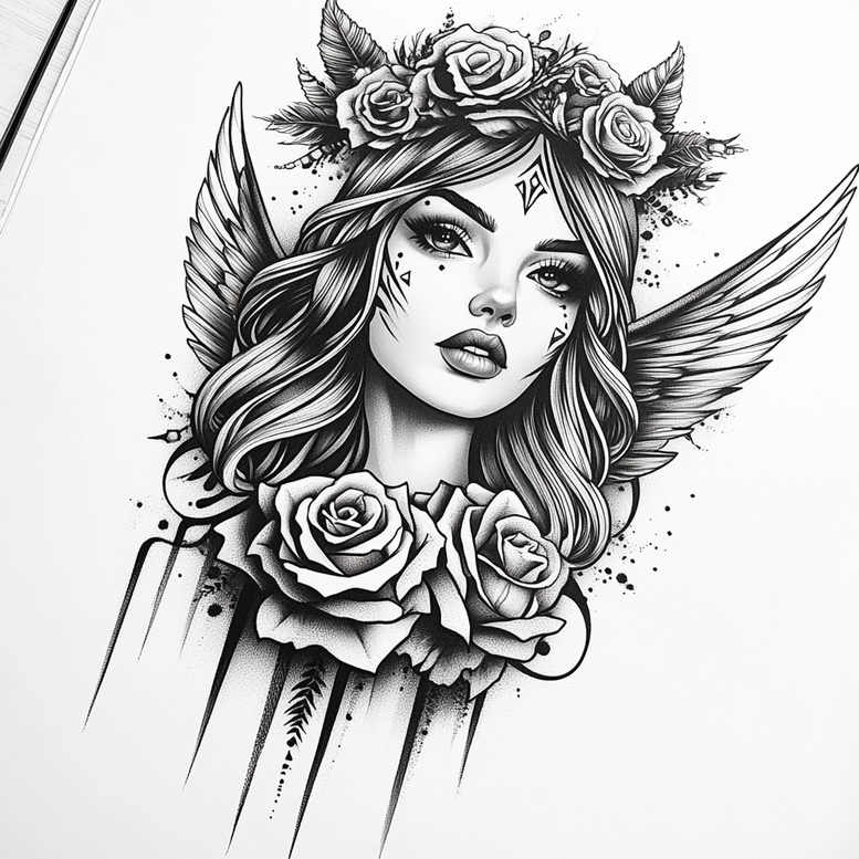 angel tattoo design ideas Realism dynamic shadows celestial messenger for neck