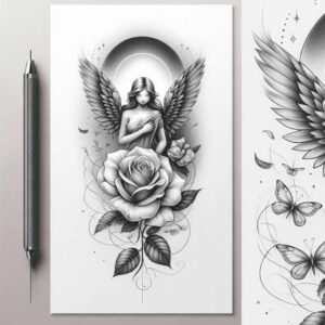 angel tattoo design ideas Surrealism unearthly celestial protector for temple